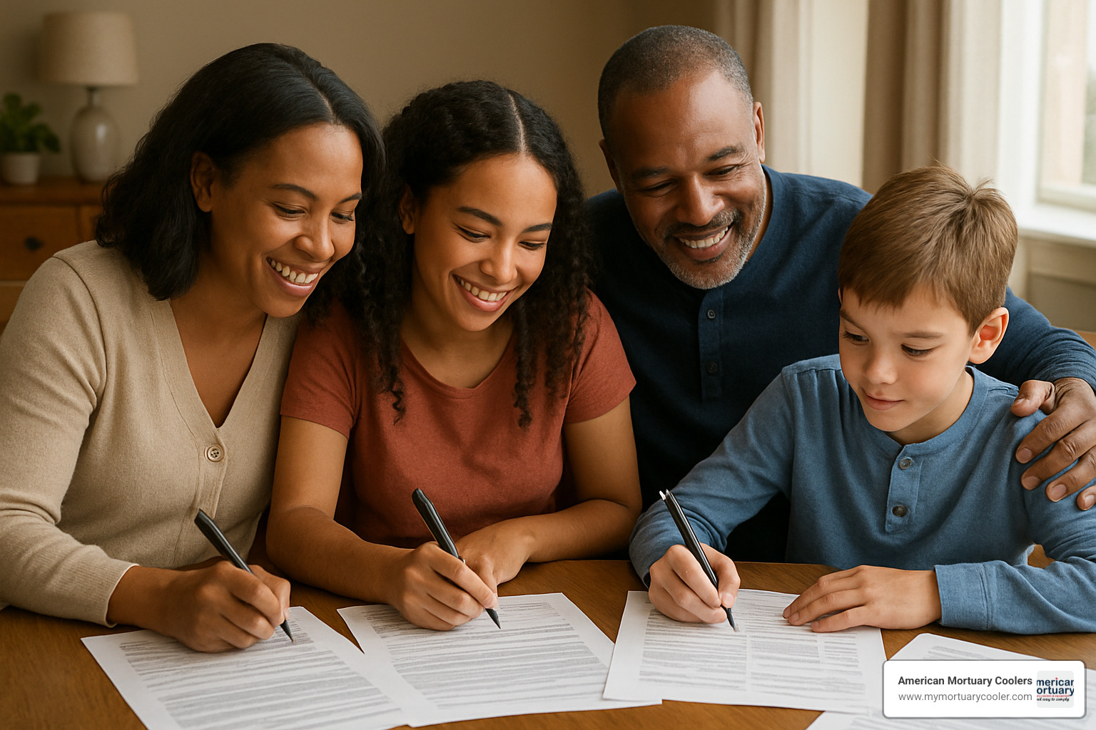 Person filling out legal forms with family members - person authorized to direct disposition