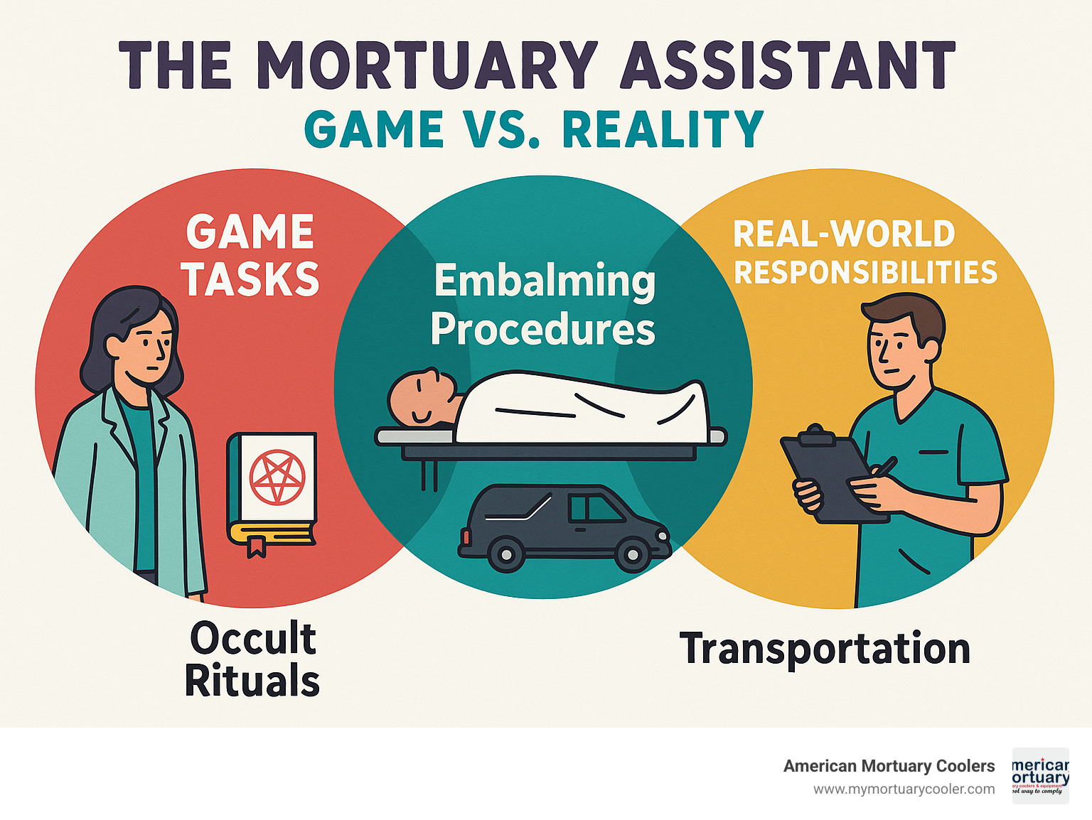 Comparison of mortuary assistant game tasks versus real-world mortuary assistant responsibilities, showing overlap in embalming procedures but differences in supernatural elements - the mortuary assistant infographic 
