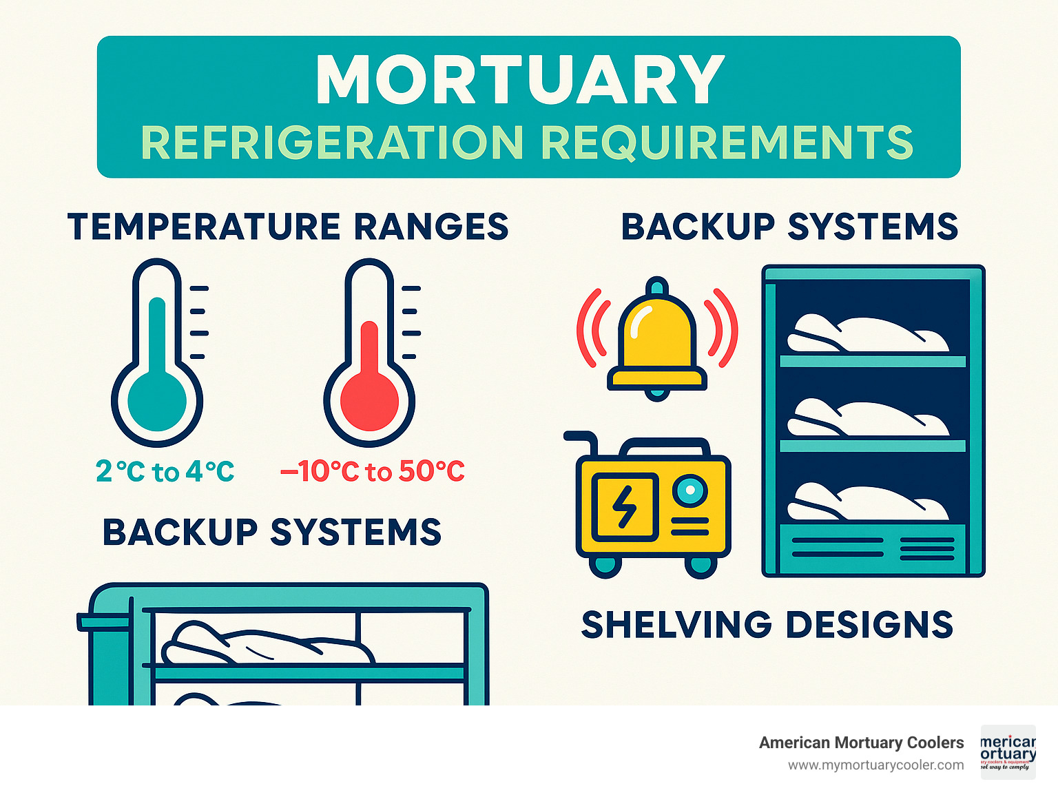 Mortuary refrigeration requirements showing temperature ranges, backup systems, and shelving designs - define mortuary infographic 