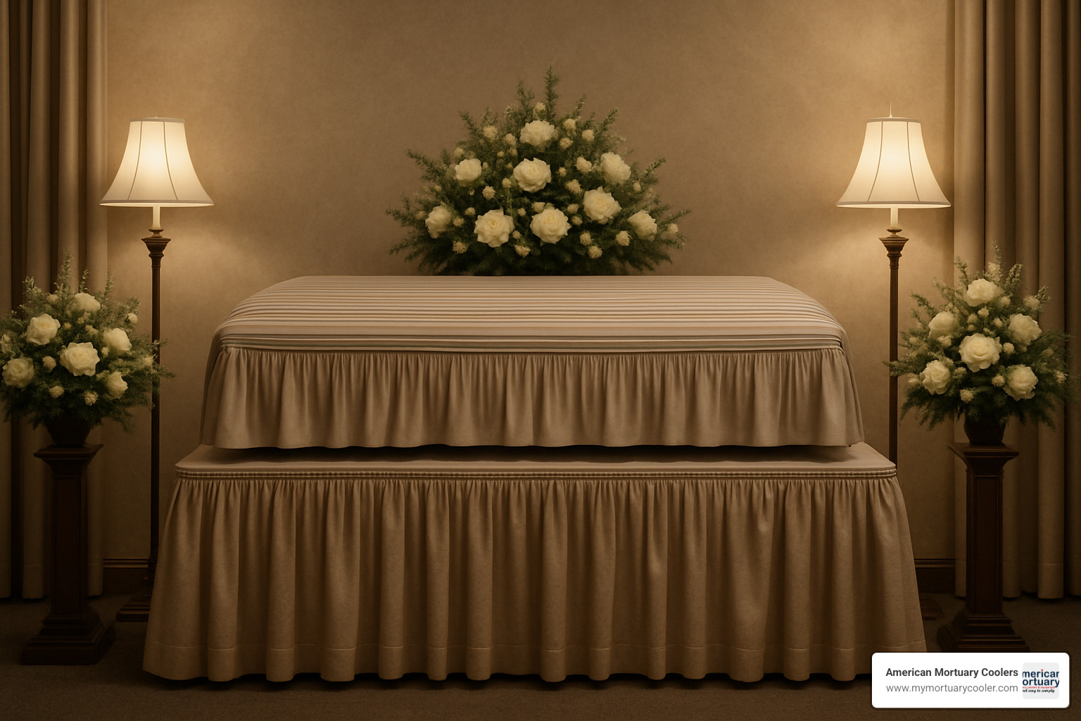 casket platform with dignified draping in funeral setting - casket platform