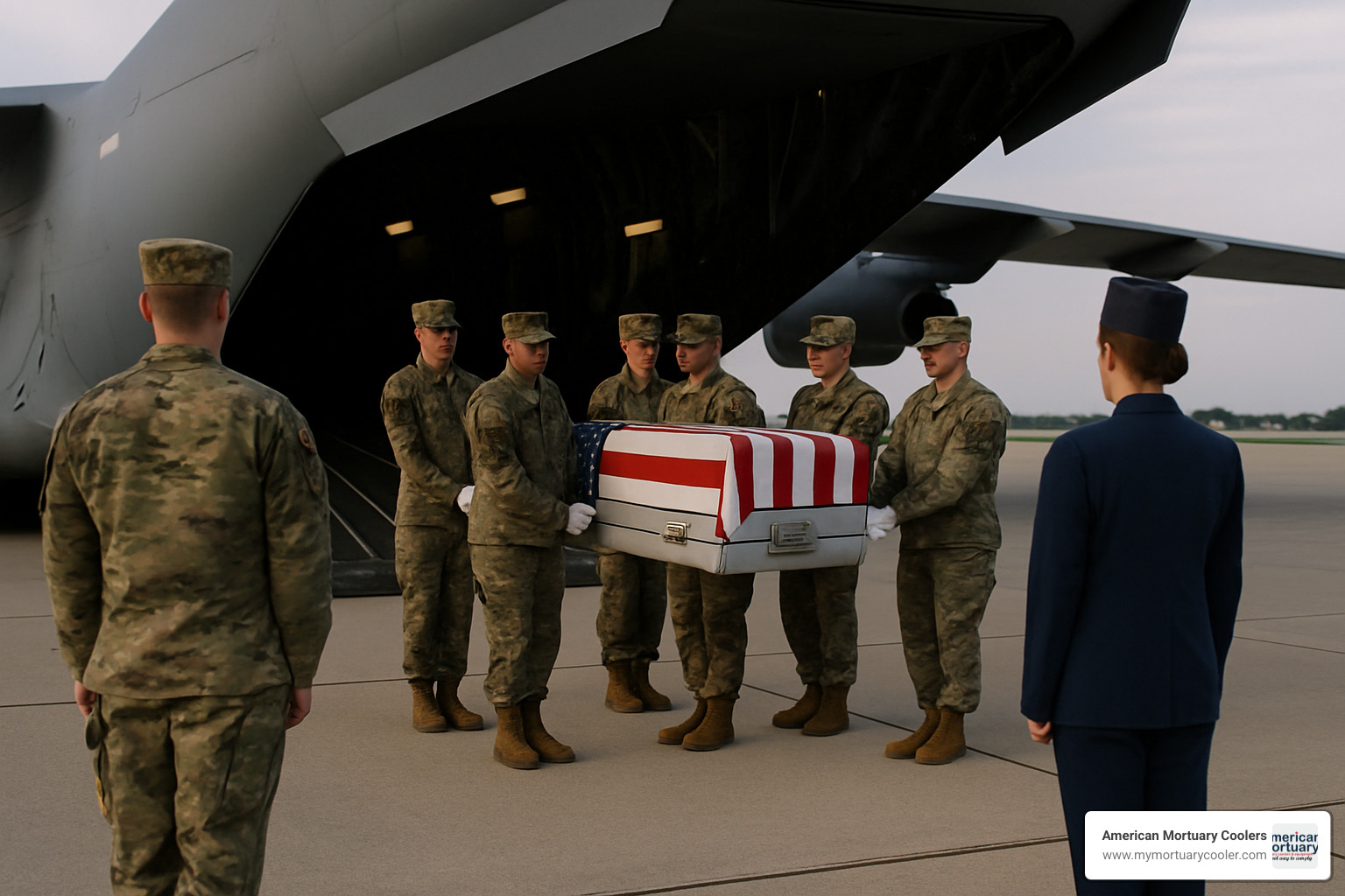 Military carry team lifting flag-draped transfer case - dignified transfer