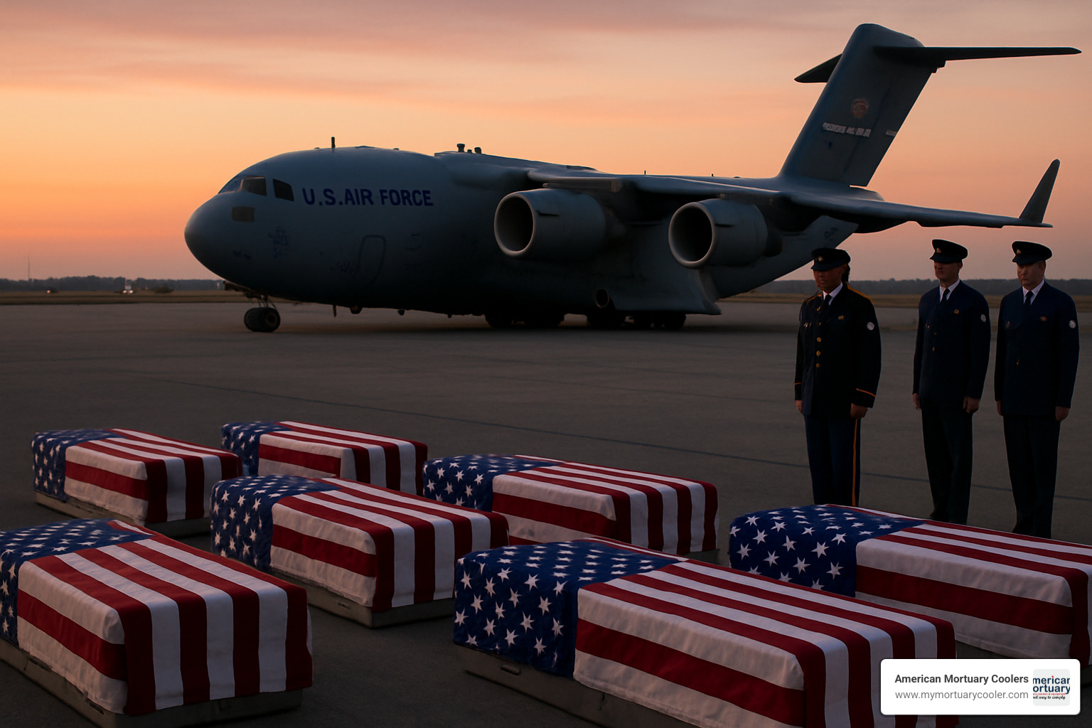 Flag-draped transfer cases on airport tarmac - dignified transfer