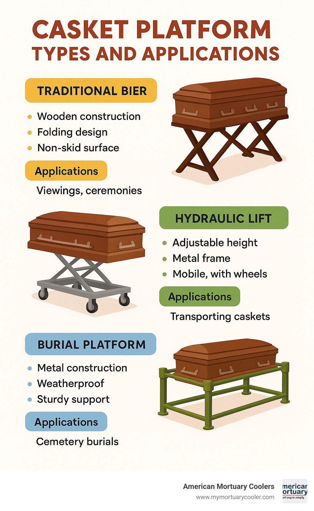 Casket Platform Types and Applications showing traditional biers, hydraulic lifts, and burial platforms with their key features, applications, and approximate price ranges - casket platform infographic 