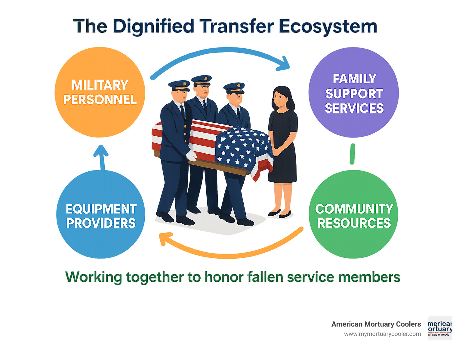 The Dignified Transfer Ecosystem showing military personnel, family support services, equipment providers, and community resources working together to honor fallen service members - dignified transfer infographic 
