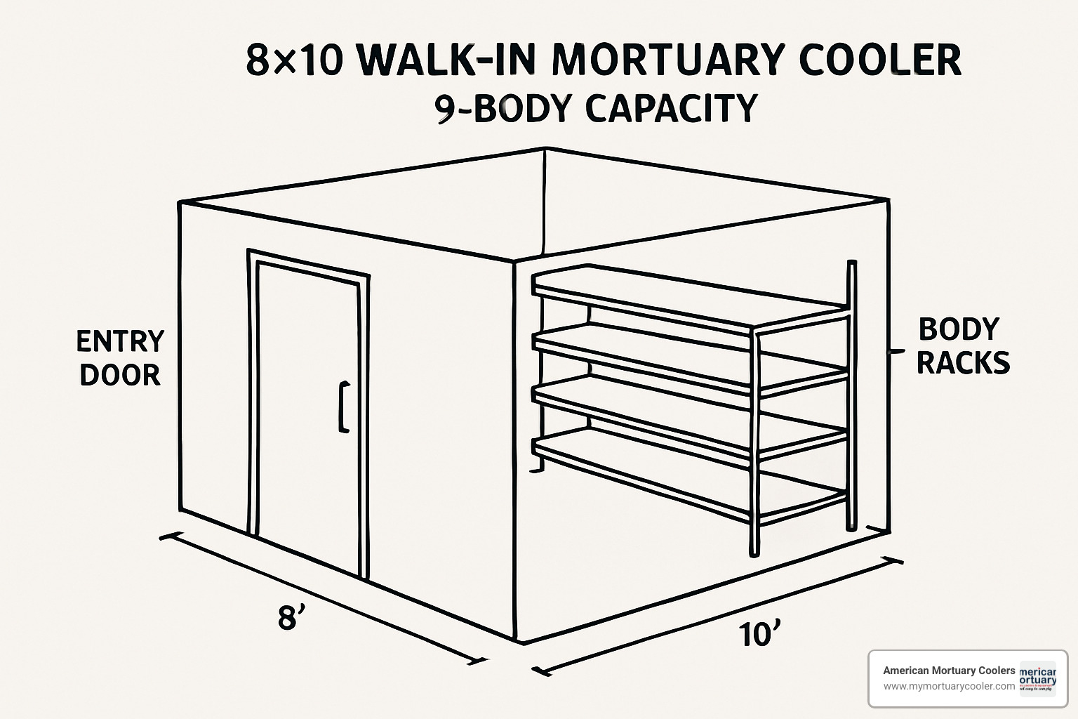 Layout diagram of an 8x10 walk-in mortuary cooler with 9-body capacity - 9 body mortuary cooler