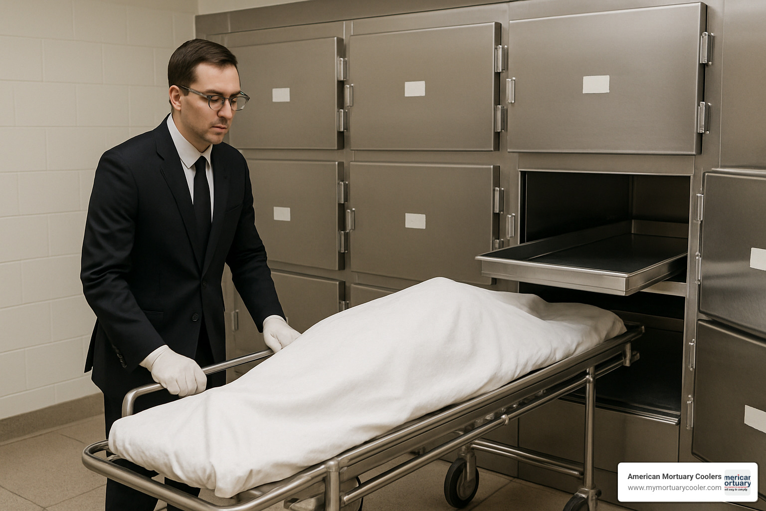 Mortuary staff operating a 9 body cooler system - 9 body mortuary cooler