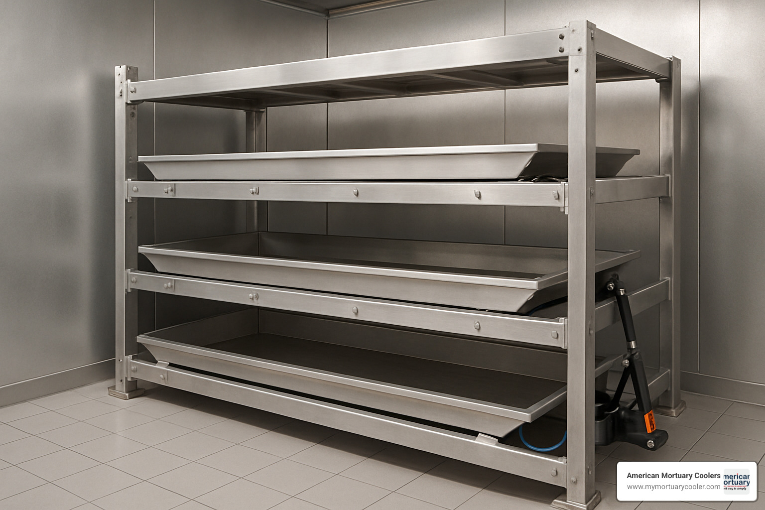 Bariatric rack system for mortuary cooler showing reinforced construction - 9 body mortuary cooler