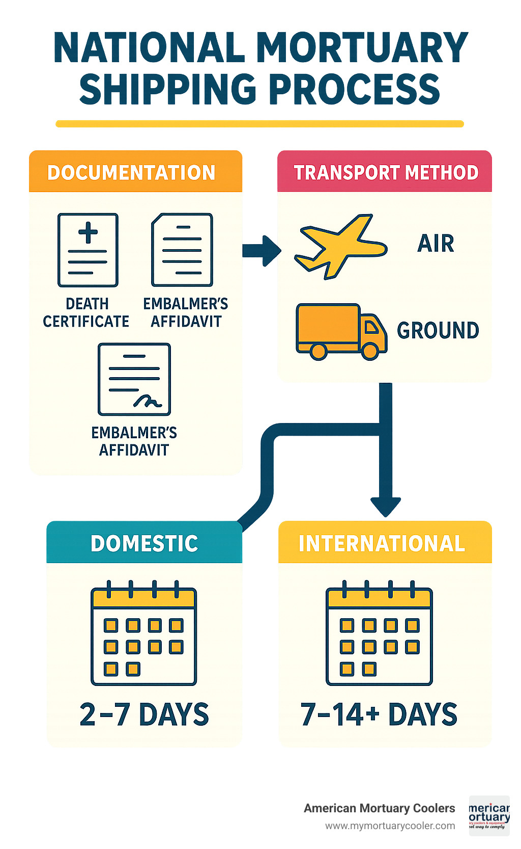 National mortuary shipping process flowchart showing documentation requirements, transport methods, and timeline estimates for domestic and international shipping - national mortuary shipping infographic 