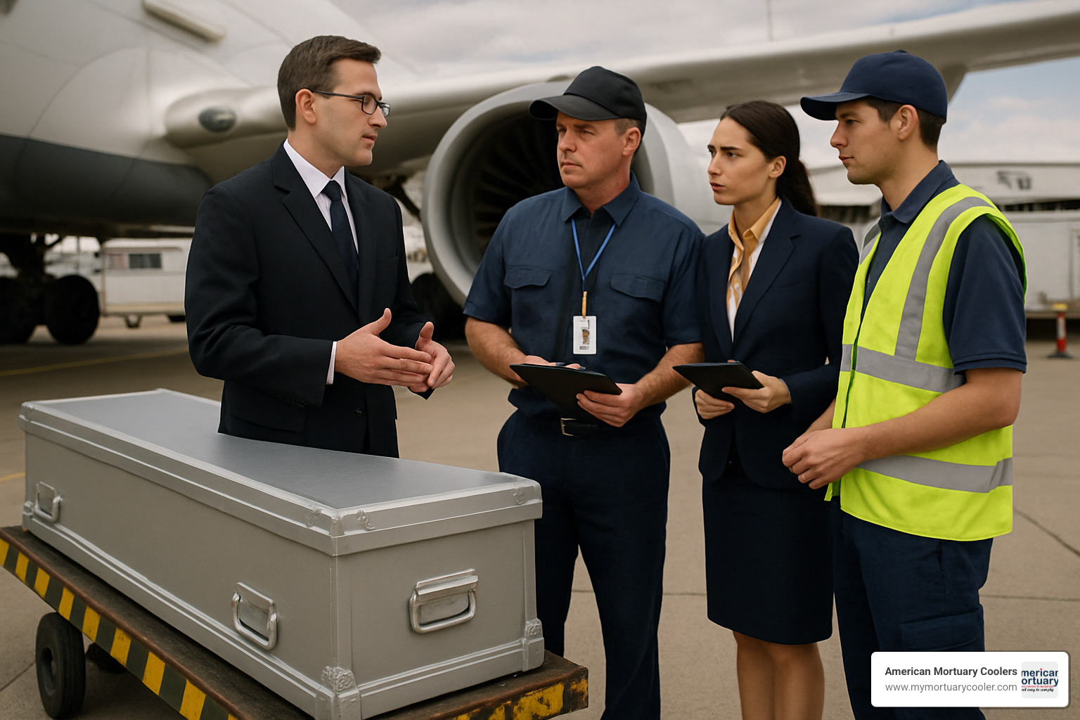 Funeral director coordinating with airline staff for mortuary shipping - national mortuary shipping