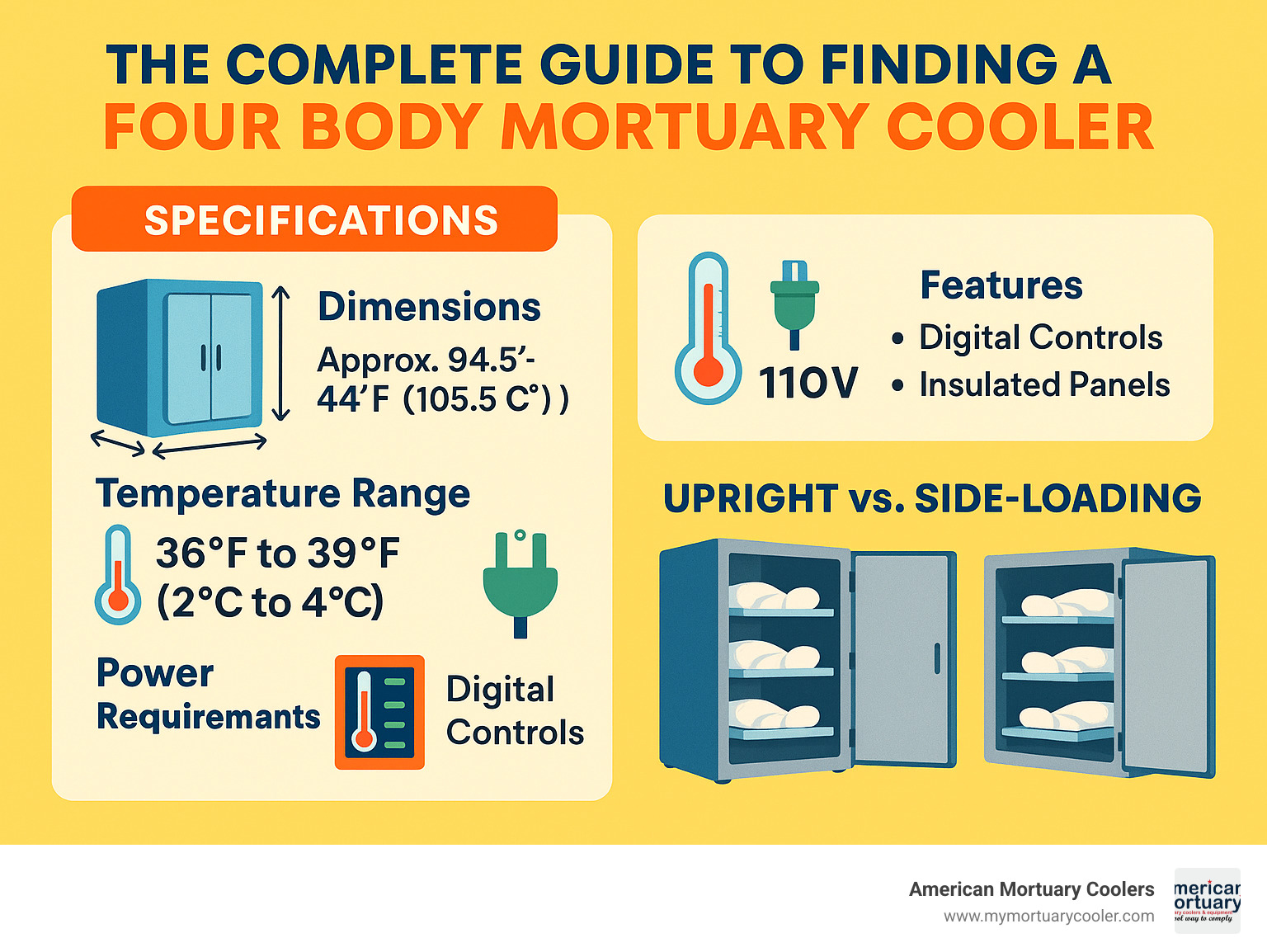 Four body mortuary cooler specifications showing dimensions, temperature ranges, electrical requirements, and common features with visual comparison between upright and side-loading configurations - four body mortuary cooler infographic 