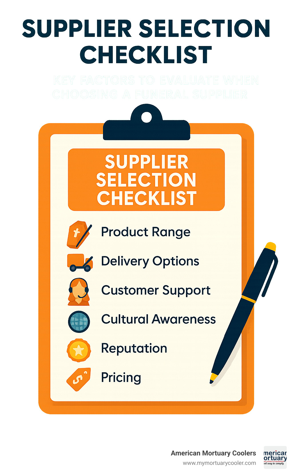 Supplier selection checklist showing key factors to evaluate when choosing a funeral supplier - Funeral Supplier infographic 