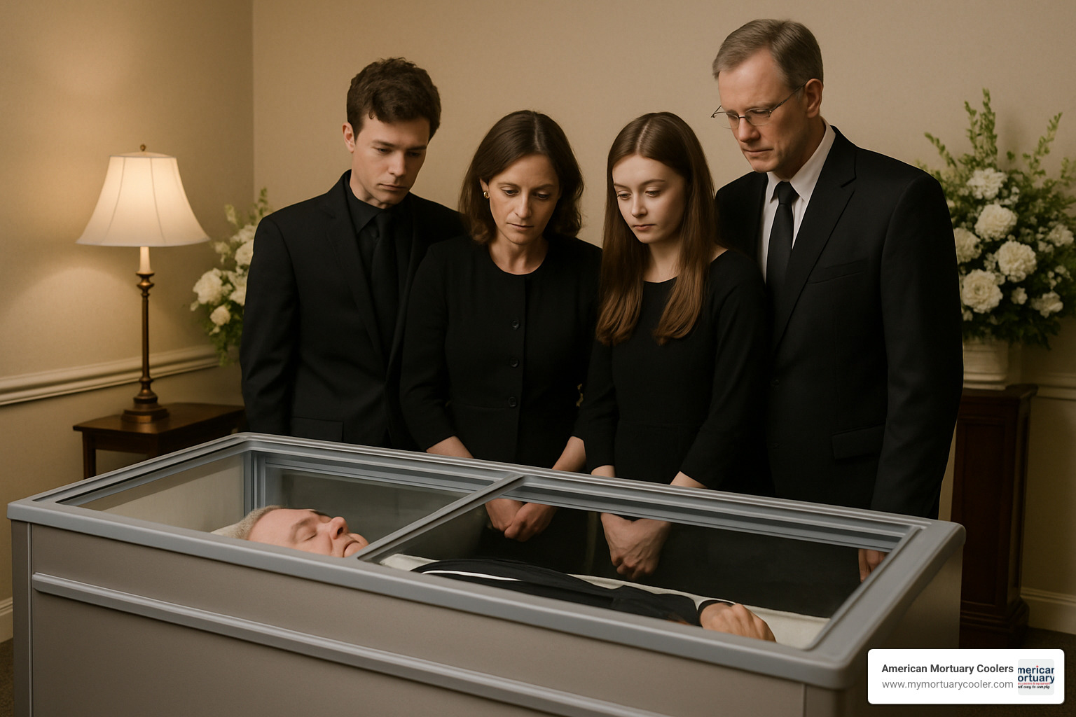 Family viewing deceased through glass-top mortuary freezer - Find the essential role of mortuary freezers in preserving bodies for funeral services and the legal considerations surrounding them. Learn more now!