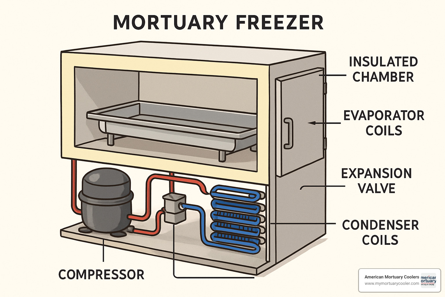 Cutaway diagram of a mortuary freezer showing internal components - Find the essential role of mortuary freezers in preserving bodies for funeral services and the legal considerations surrounding them. Learn more now!