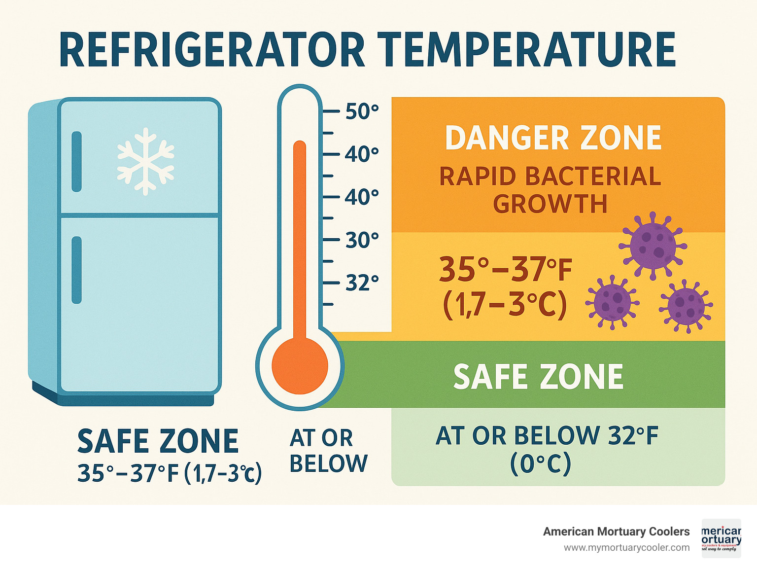 Refrigerator temperature danger zone and safe zones infographic showing bacterial growth rates at different temperatures - how cold is it in a fridge infographic 