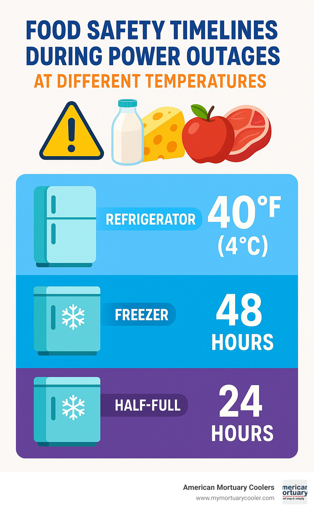 Food safety timelines during power outages at different temperatures - how cold is it in a fridge infographic
