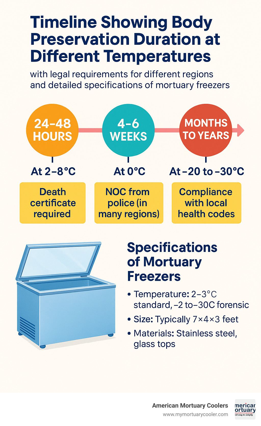 Timeline showing body preservation duration at different temperatures, with legal requirements for different regions and detailed specifications of mortuary freezers - Find the essential role of mortuary freezers in preserving bodies for funeral services and the legal considerations surrounding them. Learn more now! infographic 
