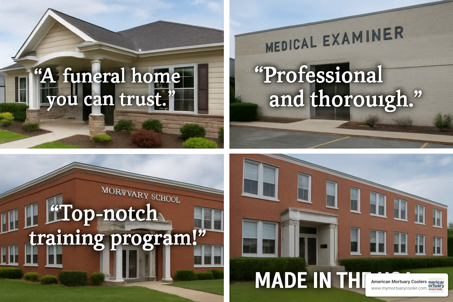 Customer testimonial quotes with mortuary facility images - American Mortuary Cooler