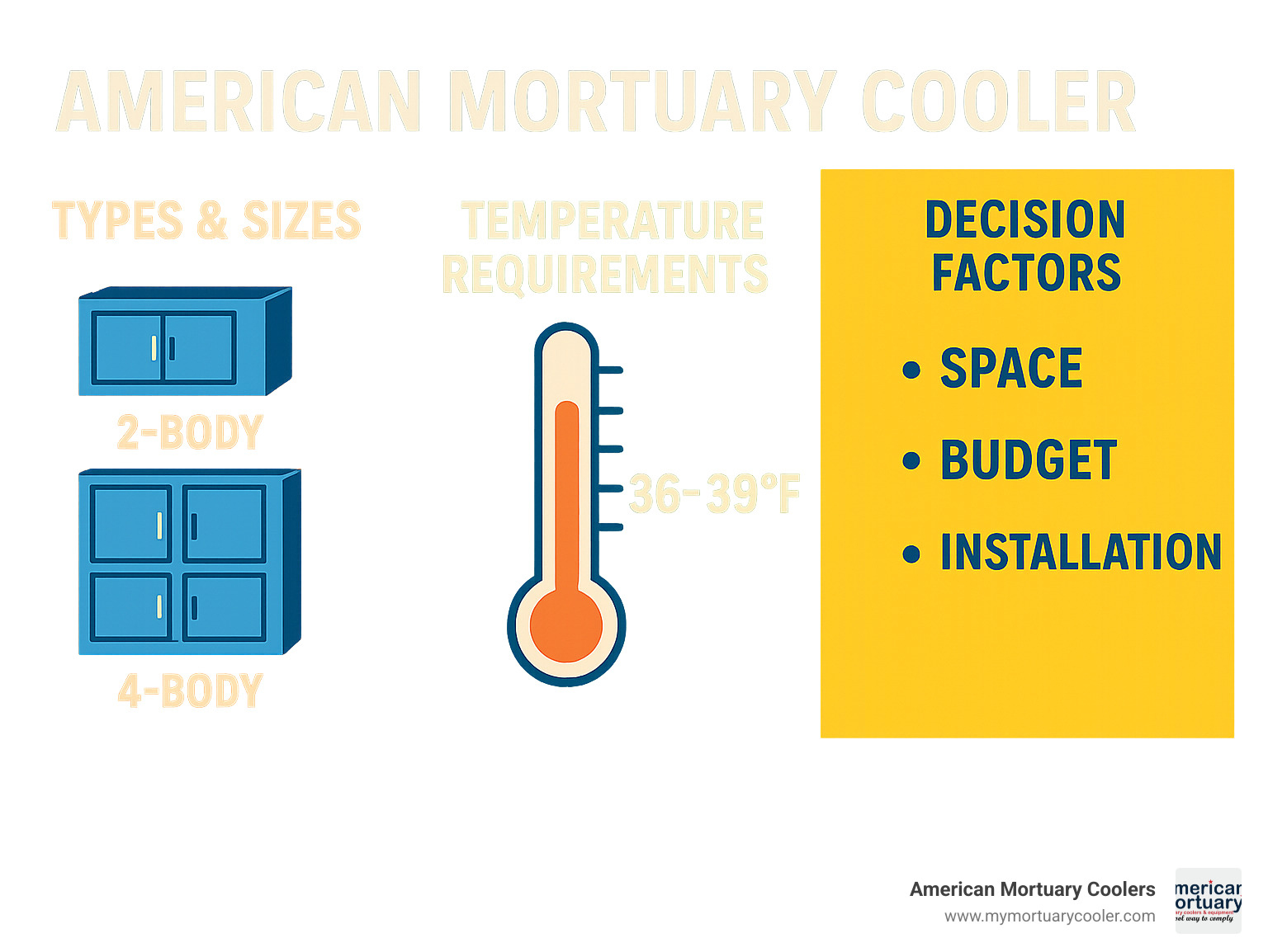Diagram showing mortuary cooler types, sizes, and decision factors with temperature requirements and installation specifications - American Mortuary Cooler infographic 