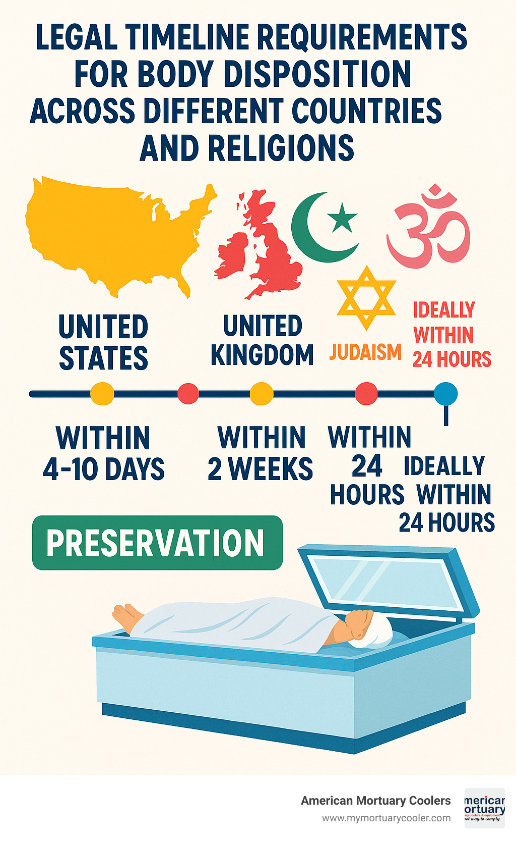 Legal timeline requirements for body disposition across different countries and religions - Find the essential role of mortuary freezers in preserving bodies for funeral services and the legal considerations surrounding them. Learn more now! infographic 