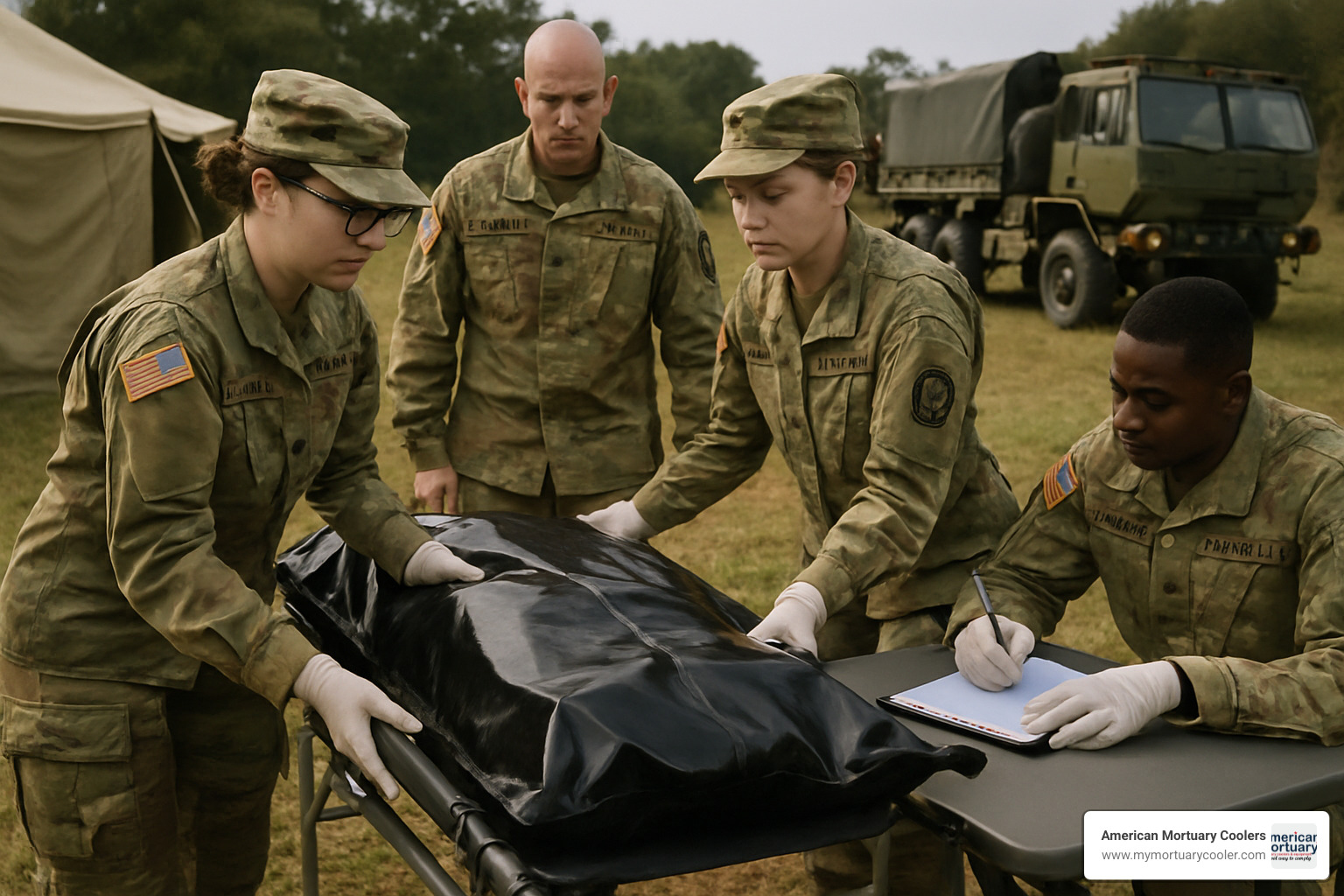 Mortuary affairs specialists working at a mobile collection point - mortuary affairs specialist
