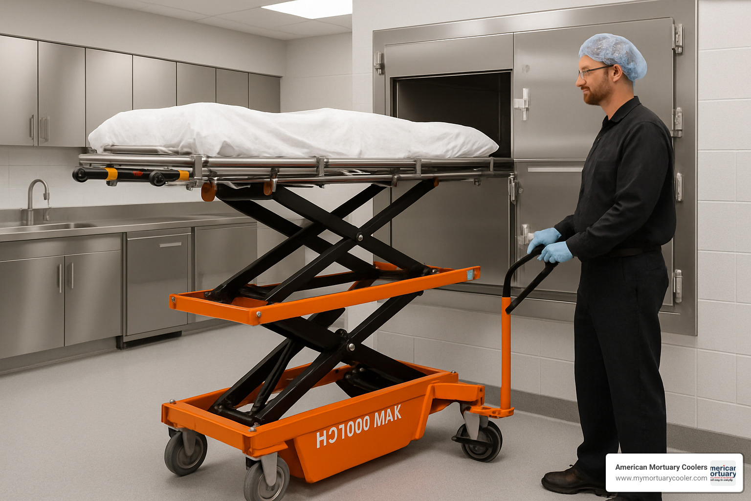 HD 1000 MAX scissor lift in operation - American Mortuary Coolers & Scissor Lifts