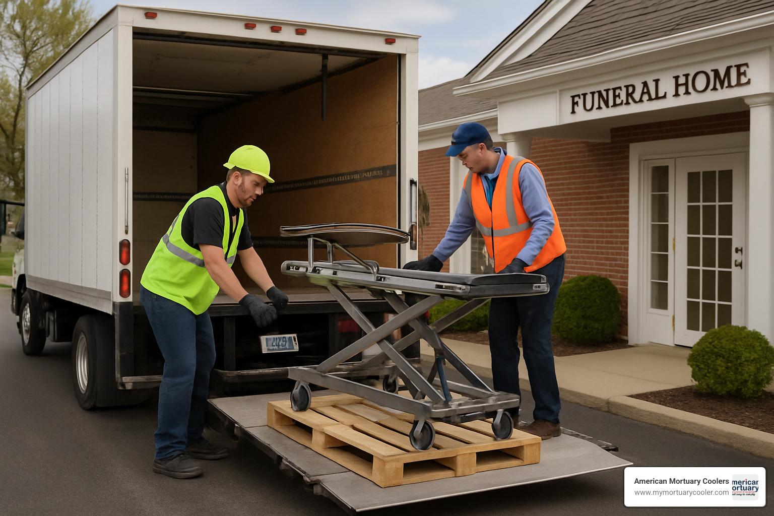 Delivery truck unloading a low-profile mortuary lift - lowprofilemortuarylift.com