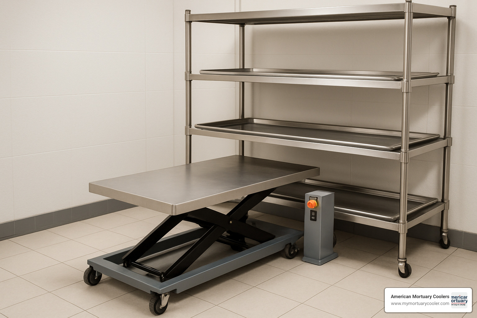 Low-profile lift accessing all three levels of storage rack - lowprofilemortuarylift.com
