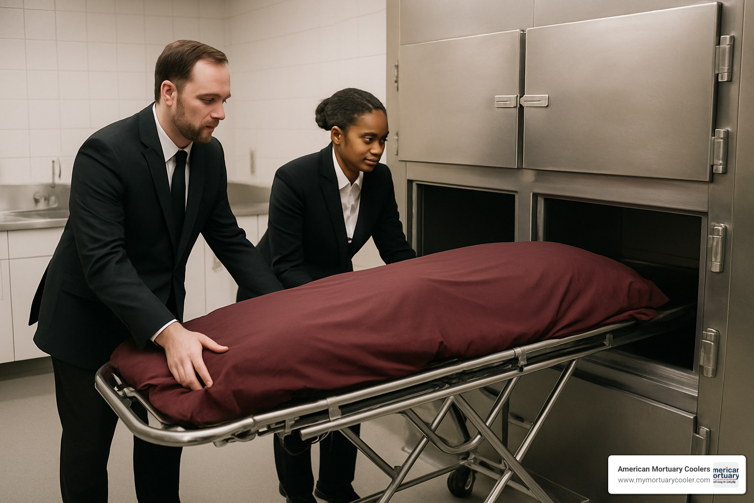 Funeral home staff using a mortuary cooler - American Mortuary Coolers 2 Body Morgue Cooler