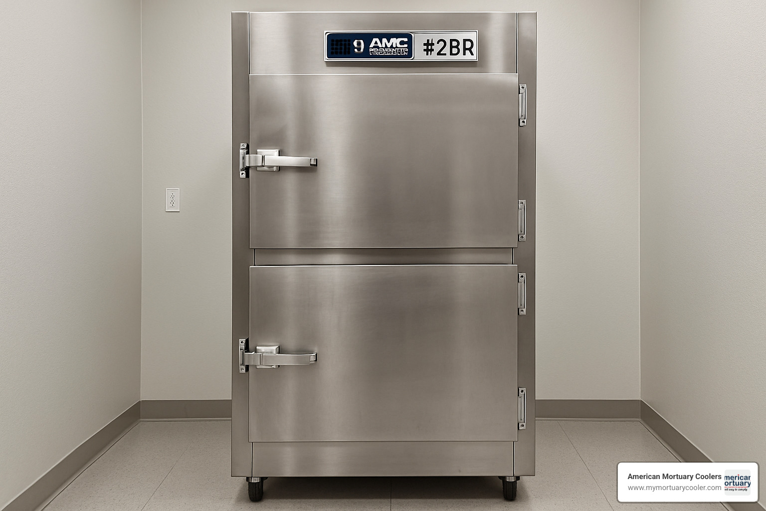 Front view of AMC Model 2BR mortuary cooler - American Mortuary Coolers 2 Body Morgue Cooler