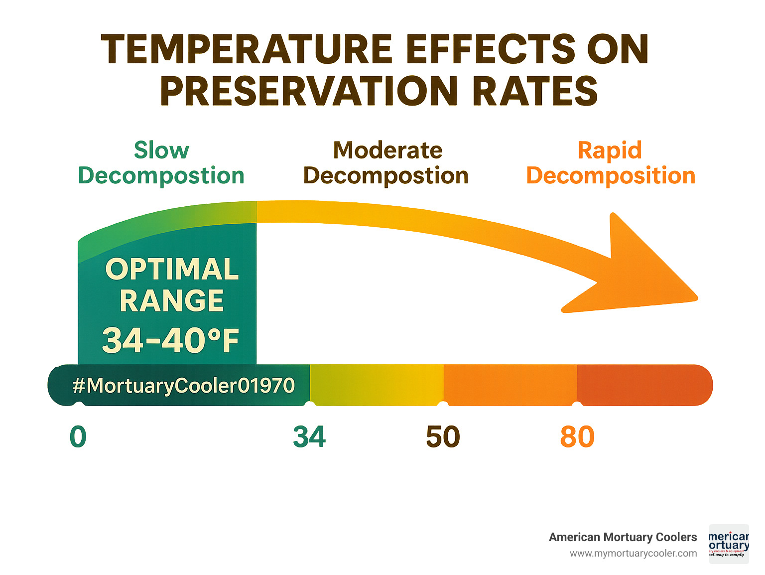Temperature effects on preservation rates showing optimal range of 34-40°F for the #MortuaryCooler01970 with comparison of decomposition rates at various temperature points - #MortuaryCooler01970 infographic 