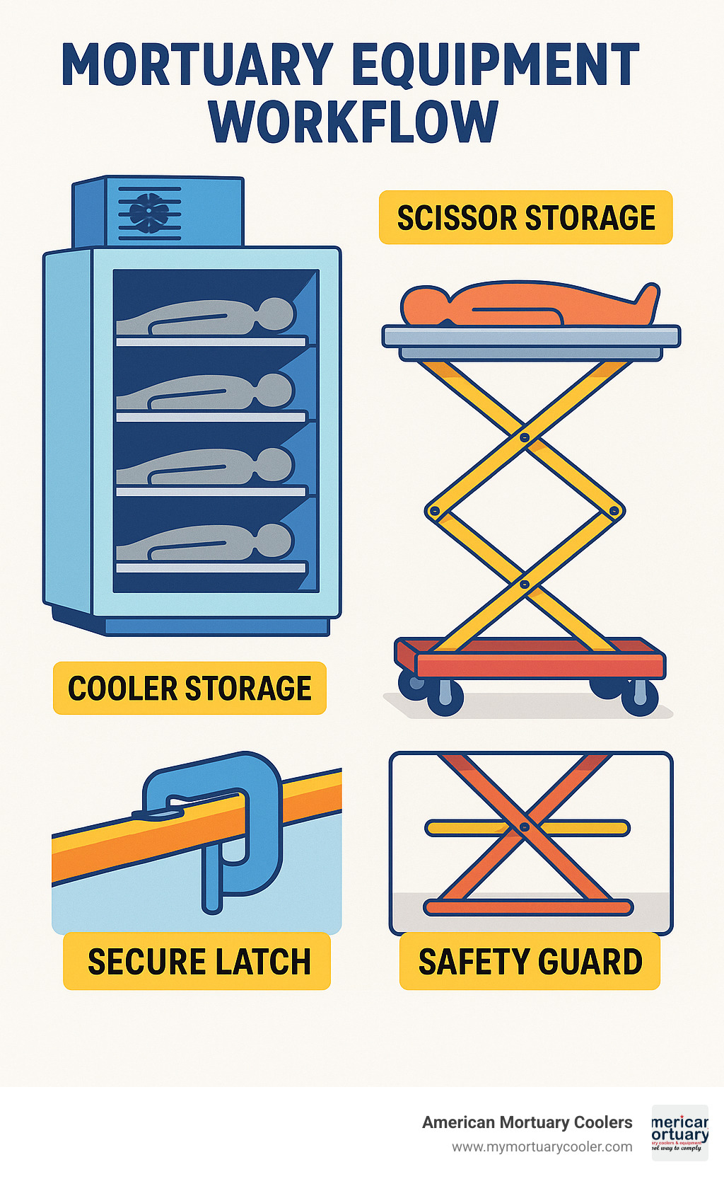 Mortuary equipment workflow showing cooler storage and scissor lift transfer systems with labeled components and safety features - American Mortuary Coolers & Scissor Lifts infographic 