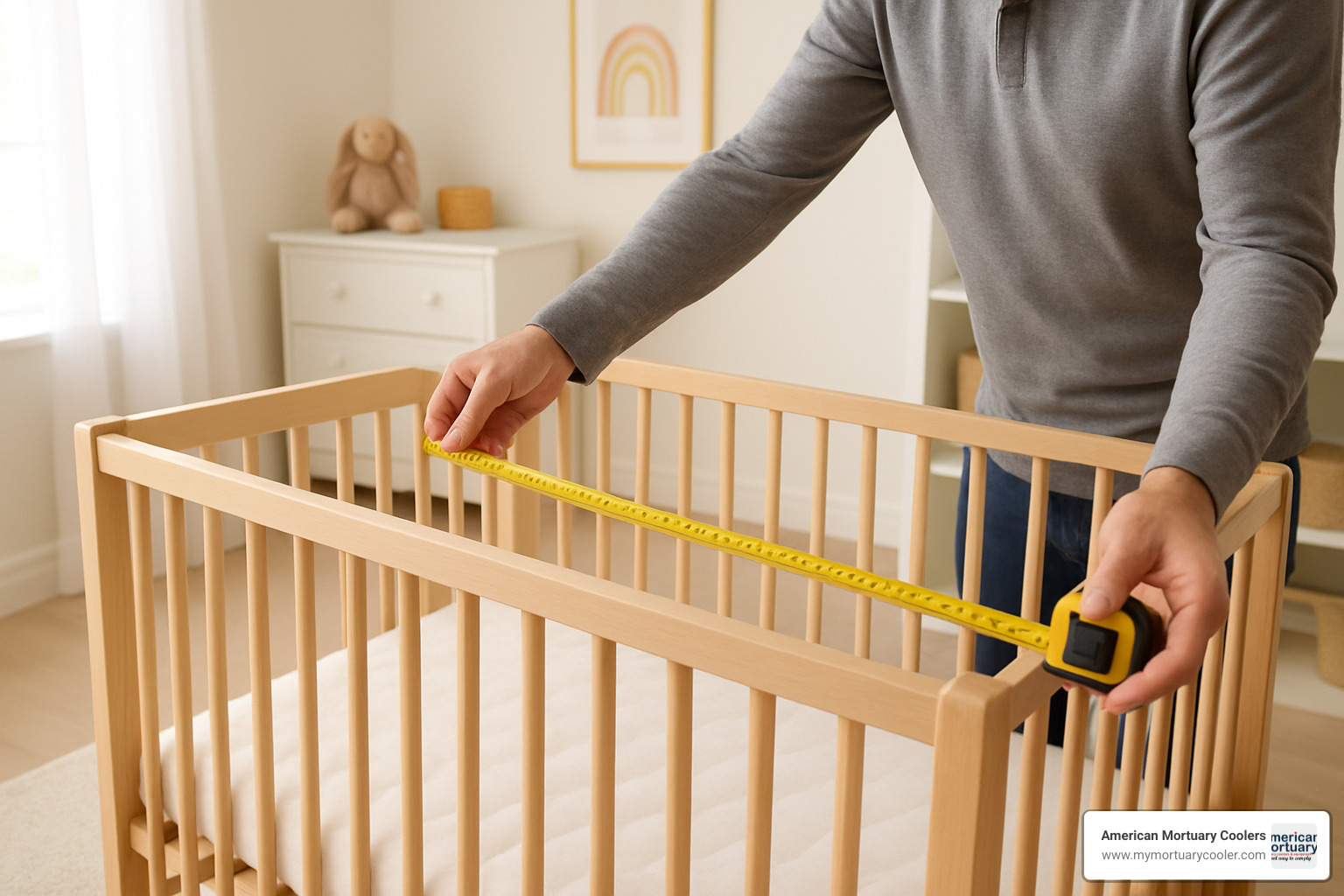 Parent measuring a cot with measuring tape - cover for cot
