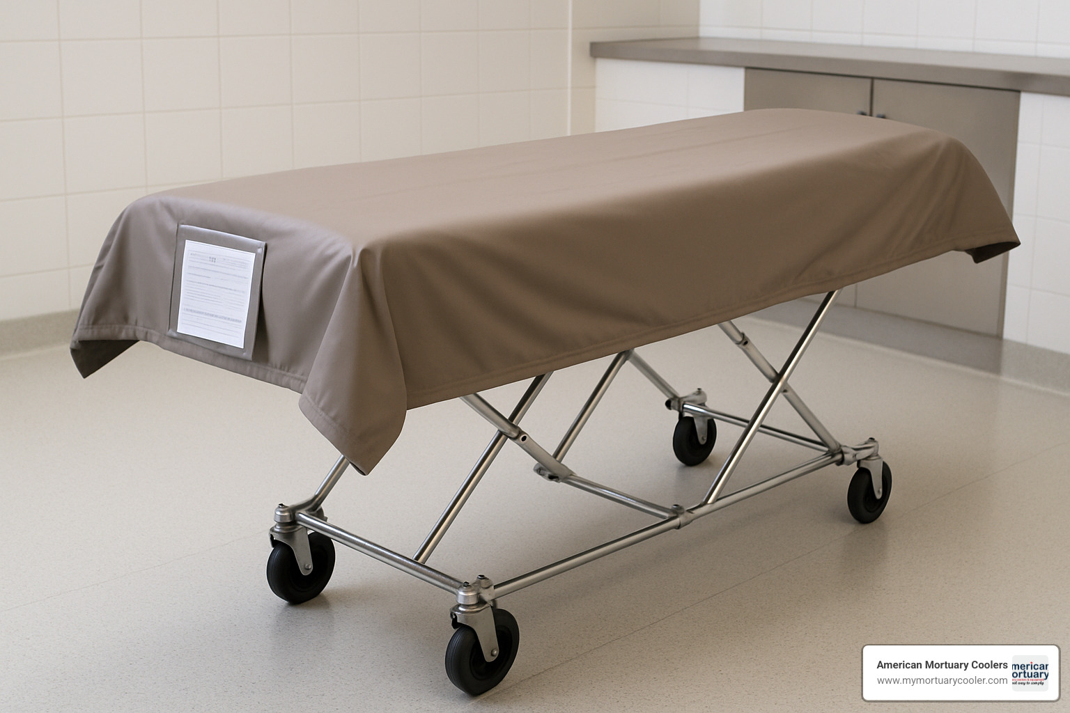 Mortuary cot with professional cover featuring document pouch - cover for cot