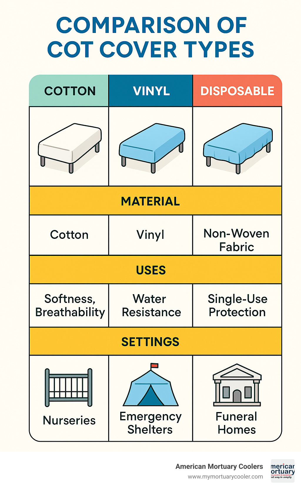 Comparison of different cot cover types showing materials, uses, and settings with a side-by-side analysis of cotton, vinyl, and disposable options for nurseries, emergency shelters, and funeral homes - cover for cot infographic 
