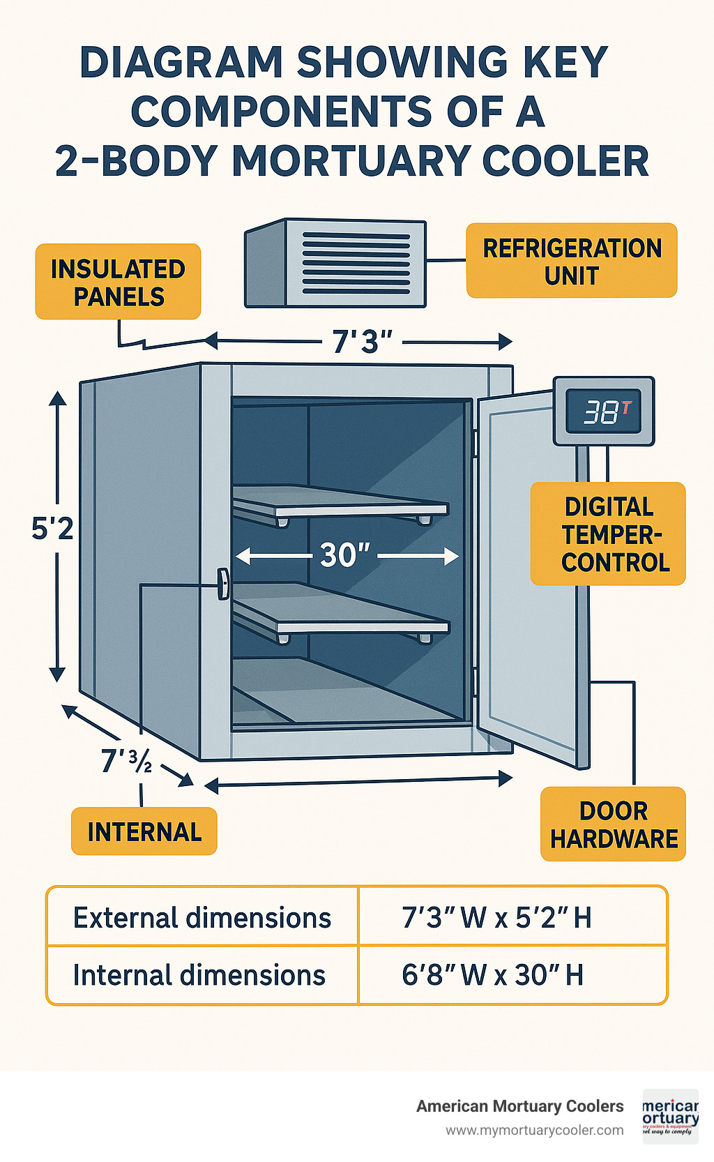 Diagram showing key components of a 2-body mortuary cooler including insulated panels, refrigeration unit, digital temperature control, body trays, and door hardware with dimensions and specifications - American Mortuary Coolers 2 Body Morgue Cooler infographic 