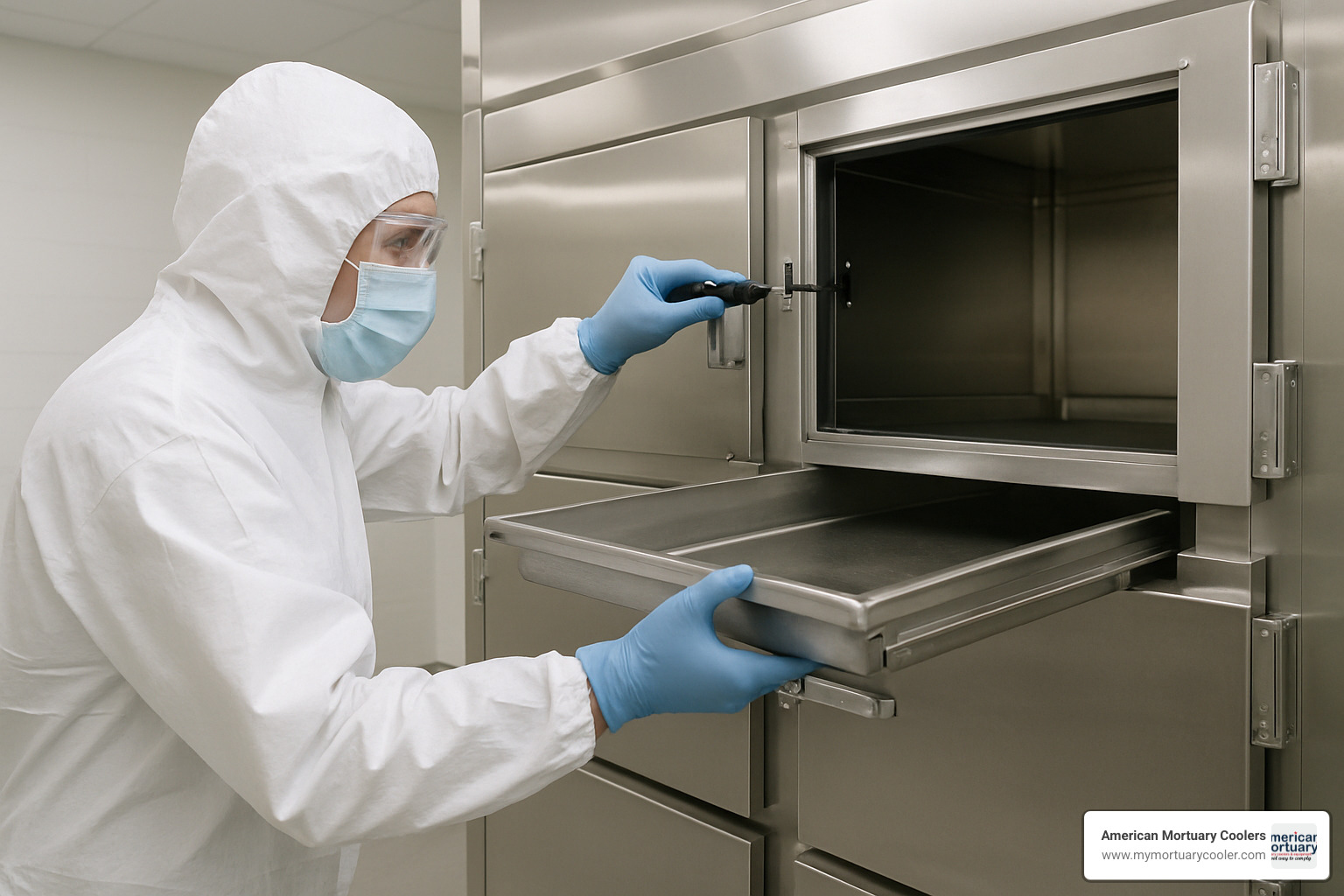 Technician performing maintenance on a body storage refrigerator - body storage refrigerator