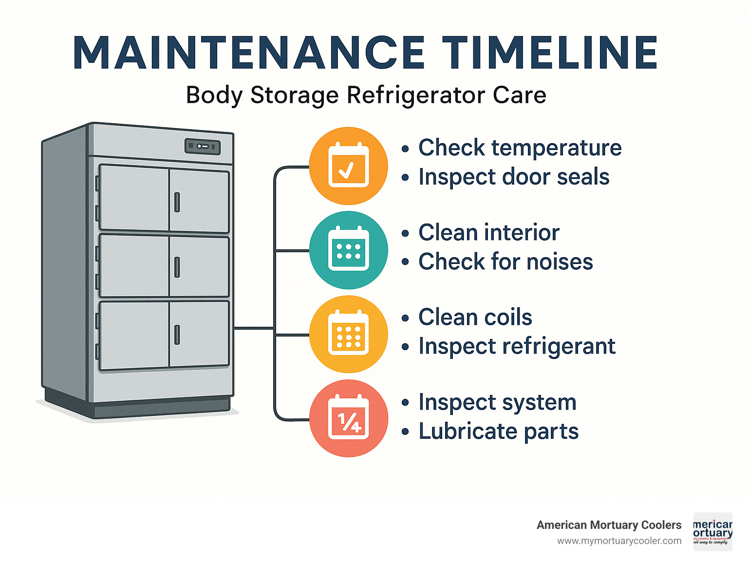 Maintenance timeline showing daily, weekly, monthly, quarterly and annual tasks for body storage refrigerator care - body storage refrigerator infographic 