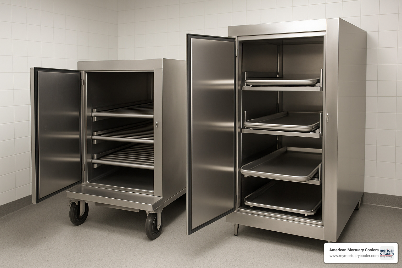 Different styles of two body mortuary coolers including roll-in and upright models - two body mortuary cooler