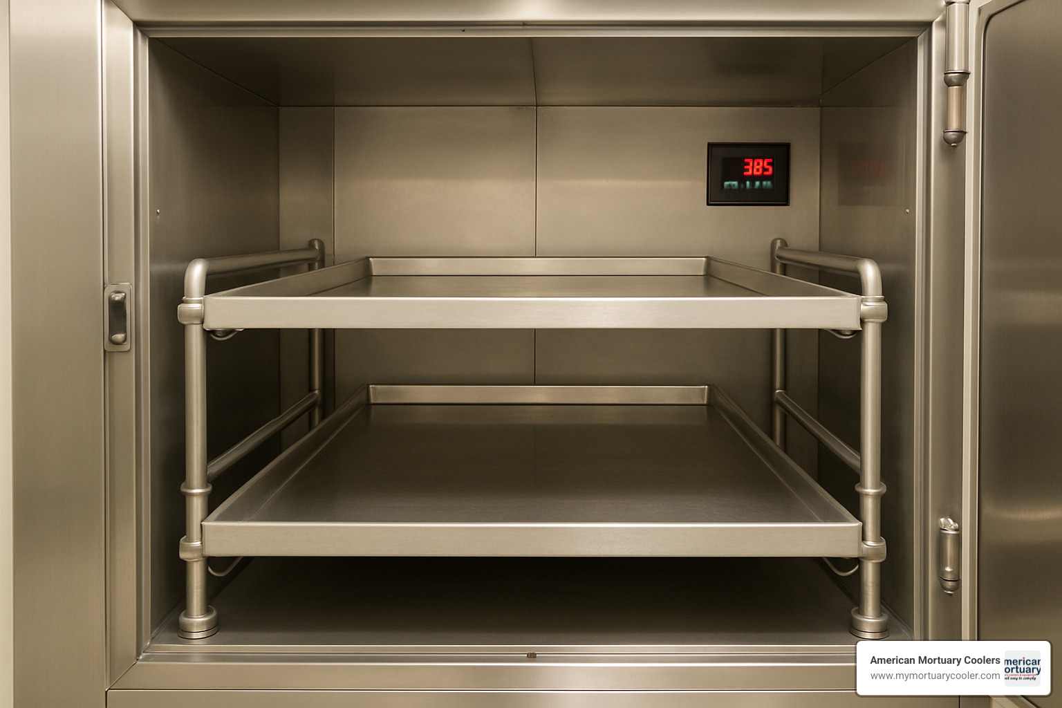 Interior of a two body mortuary cooler showing shelving system and digital temperature control - two body mortuary cooler