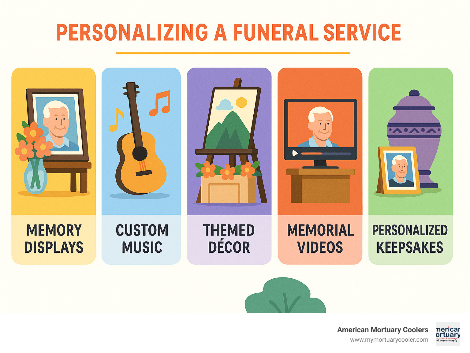 Visual guide showing various ways to personalize a funeral service, including memory displays, custom music, themed decor, memorial videos, and personalized keepsakes - bountiful mortuary infographic 