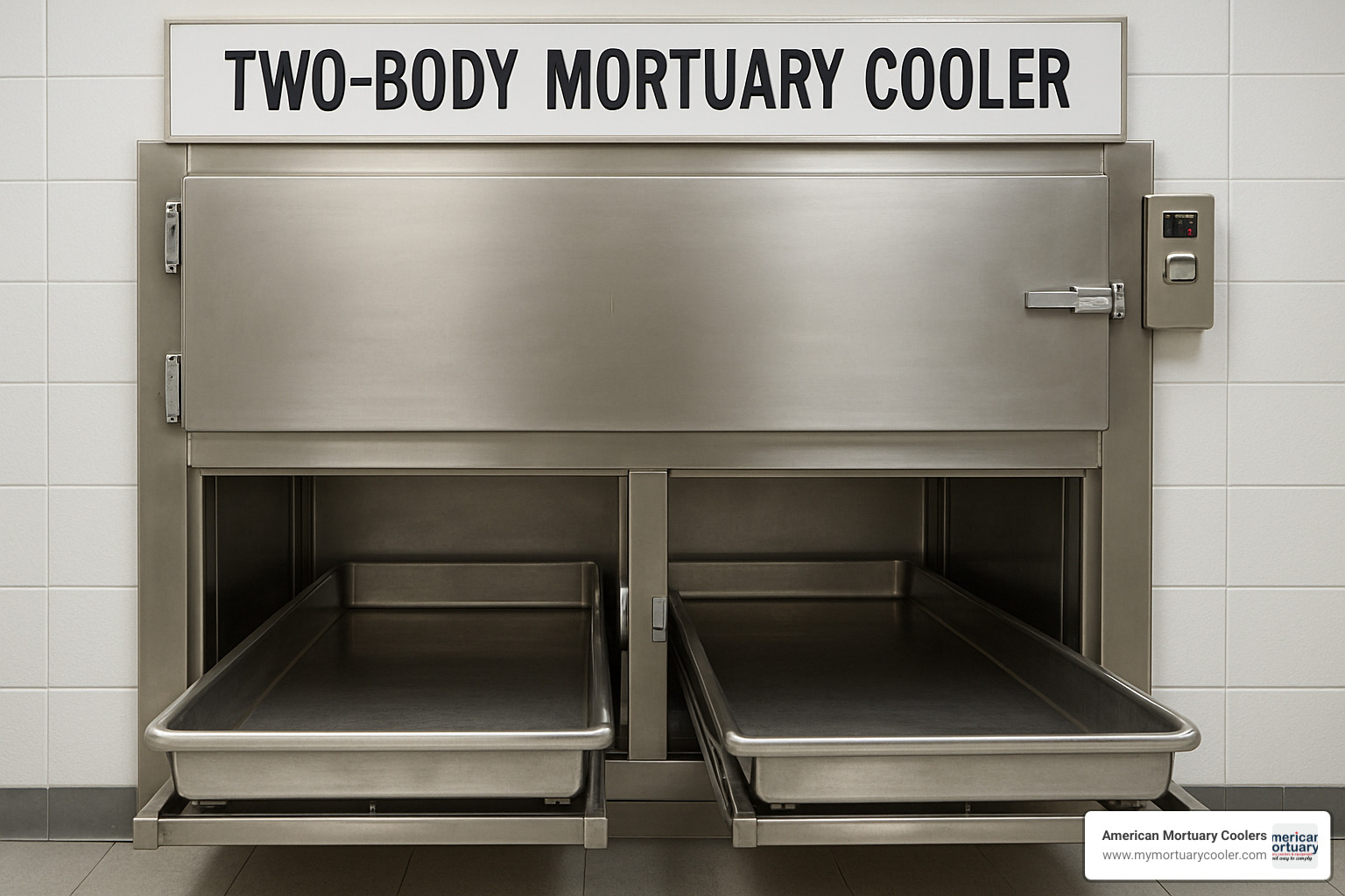 Installation diagram showing power requirements and setup for a two body mortuary cooler - two body mortuary cooler