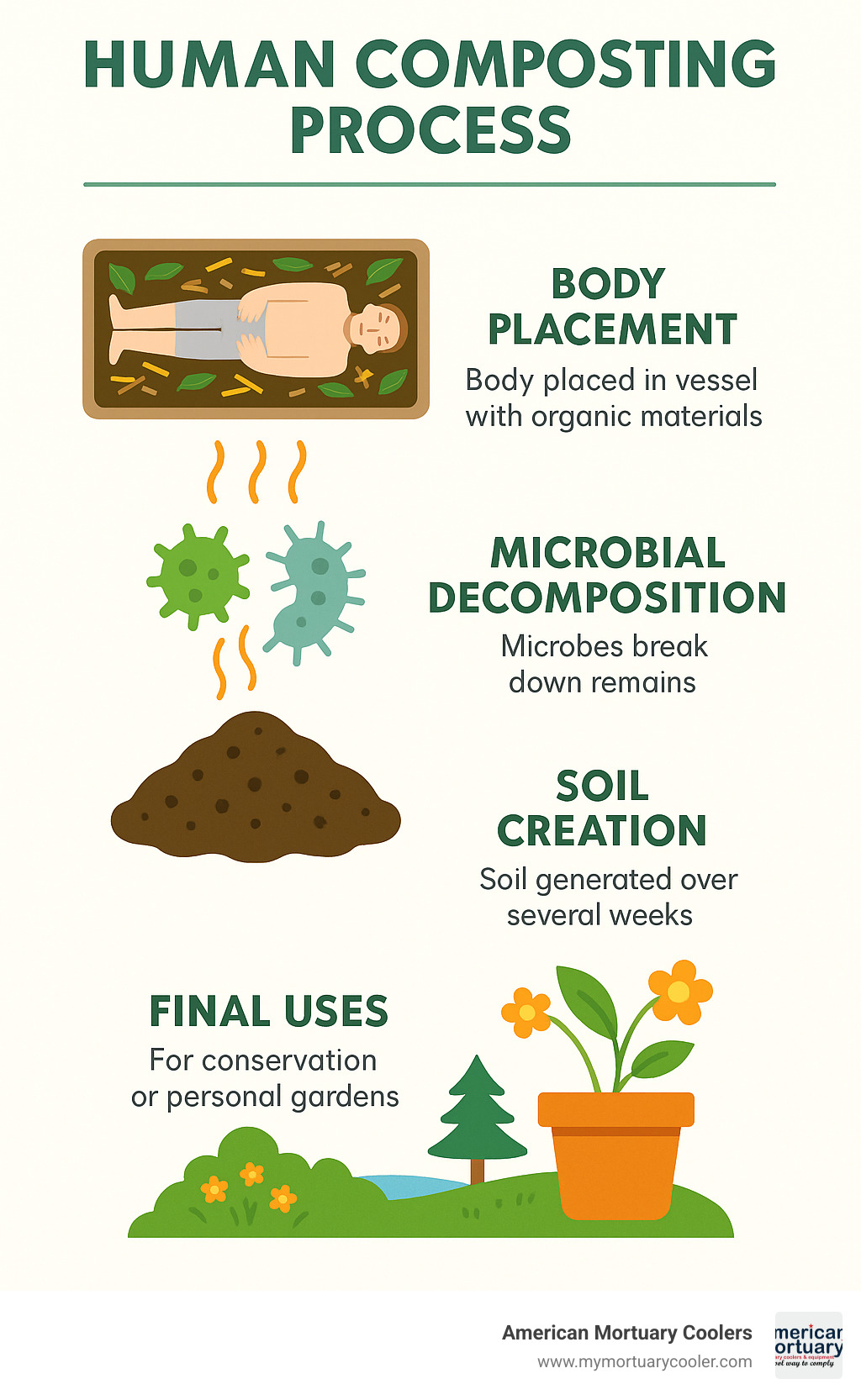 Human composting process showing body placement, microbial decomposition, soil creation, and final uses for conservation or personal gardens - body composting washington state infographic 