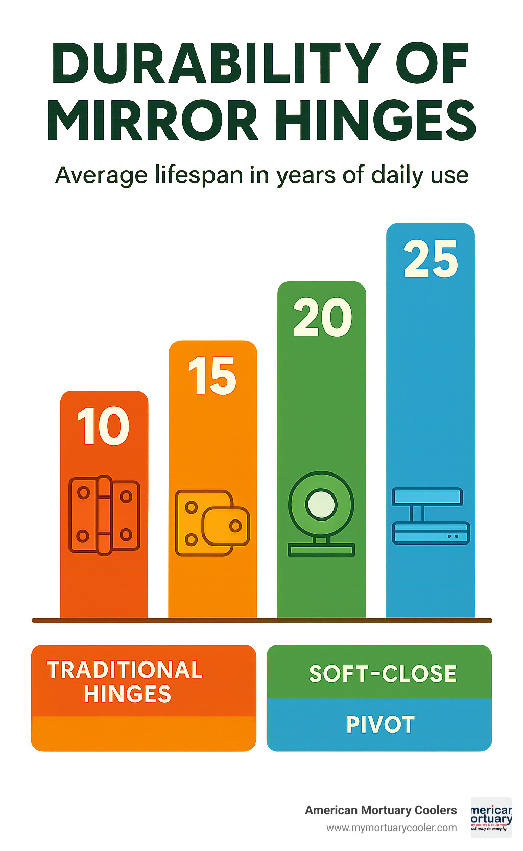 Statistics showing the durability of different mirror hinge types and their average lifespan in years of daily use - dressing table folding mirror infographic 
