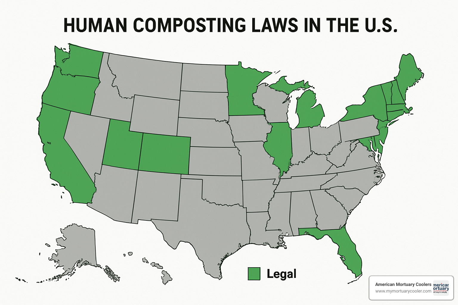 Map showing states where human composting is legal - body composting washington state