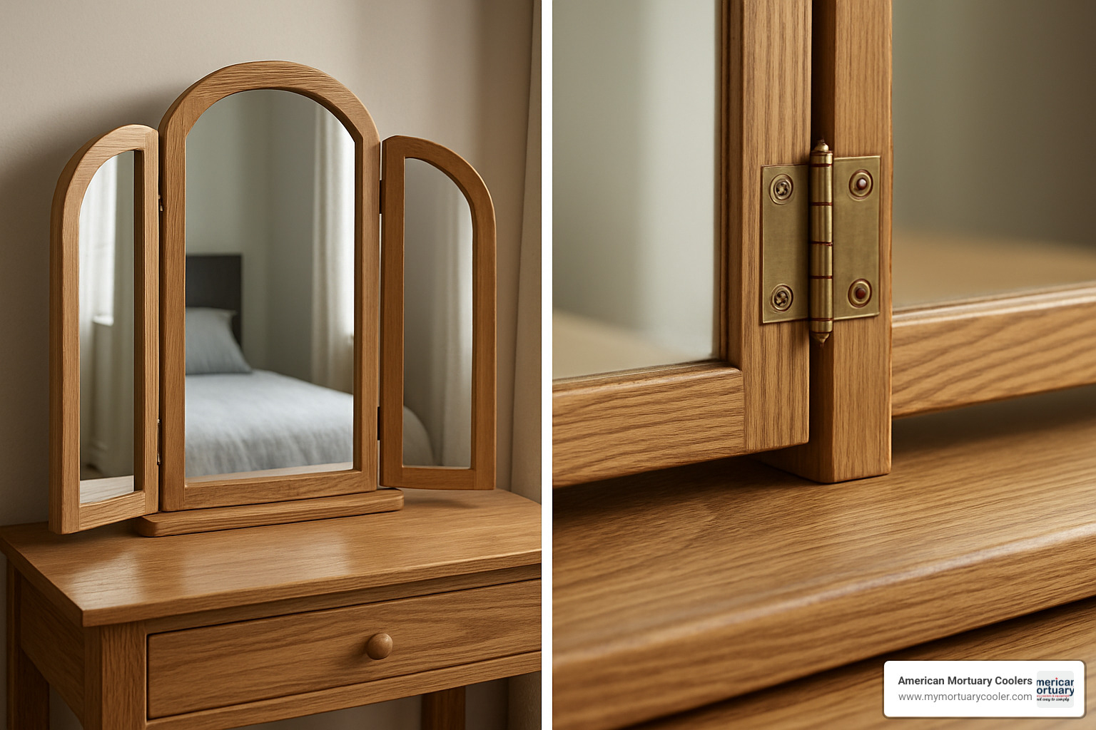 oak tri-fold mirror with detailed hinges - dressing table folding mirror