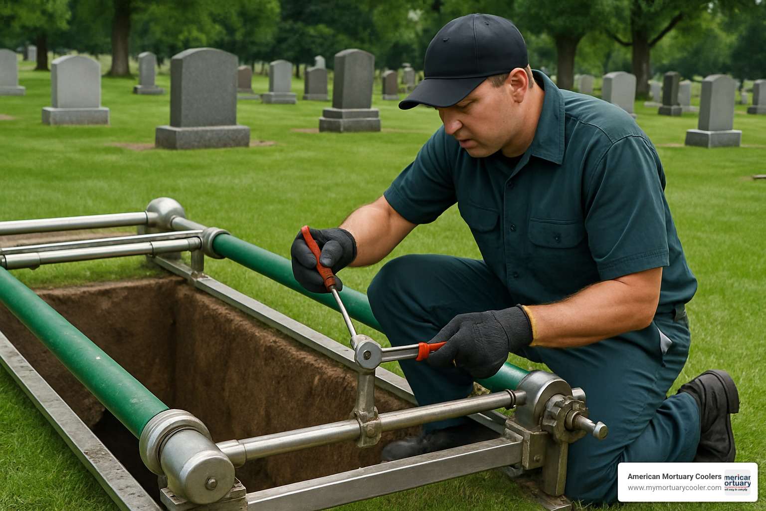 cemetery worker maintaining a lowering device - cemetery lowering devices