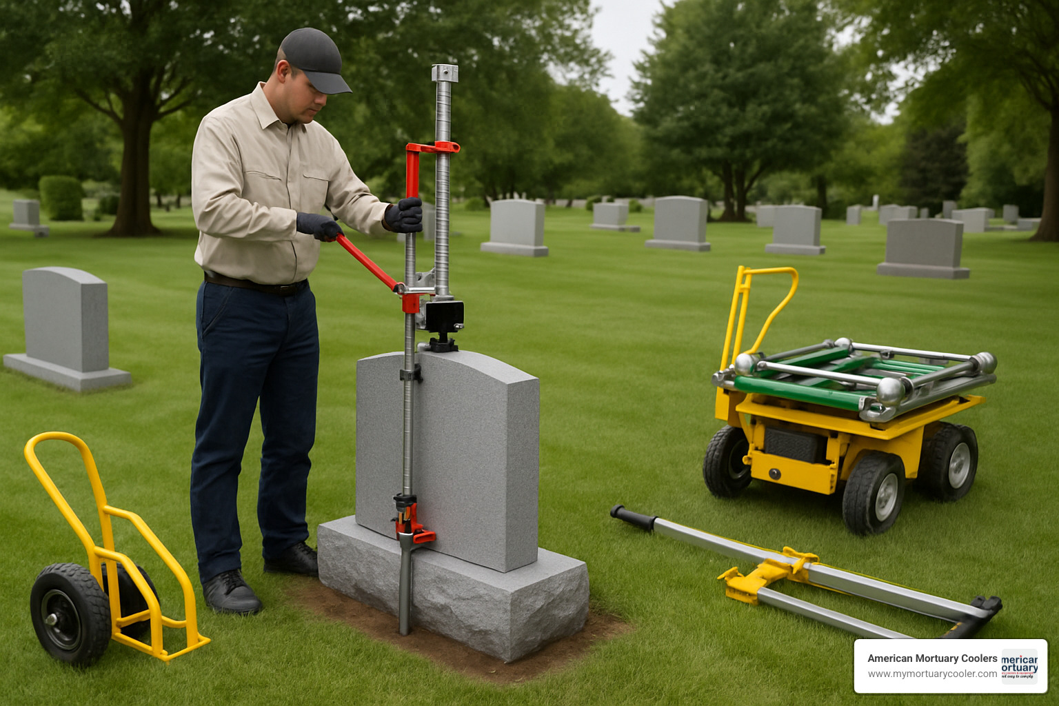innovative cemetery equipment including tombstone jack - cemetery lowering devices