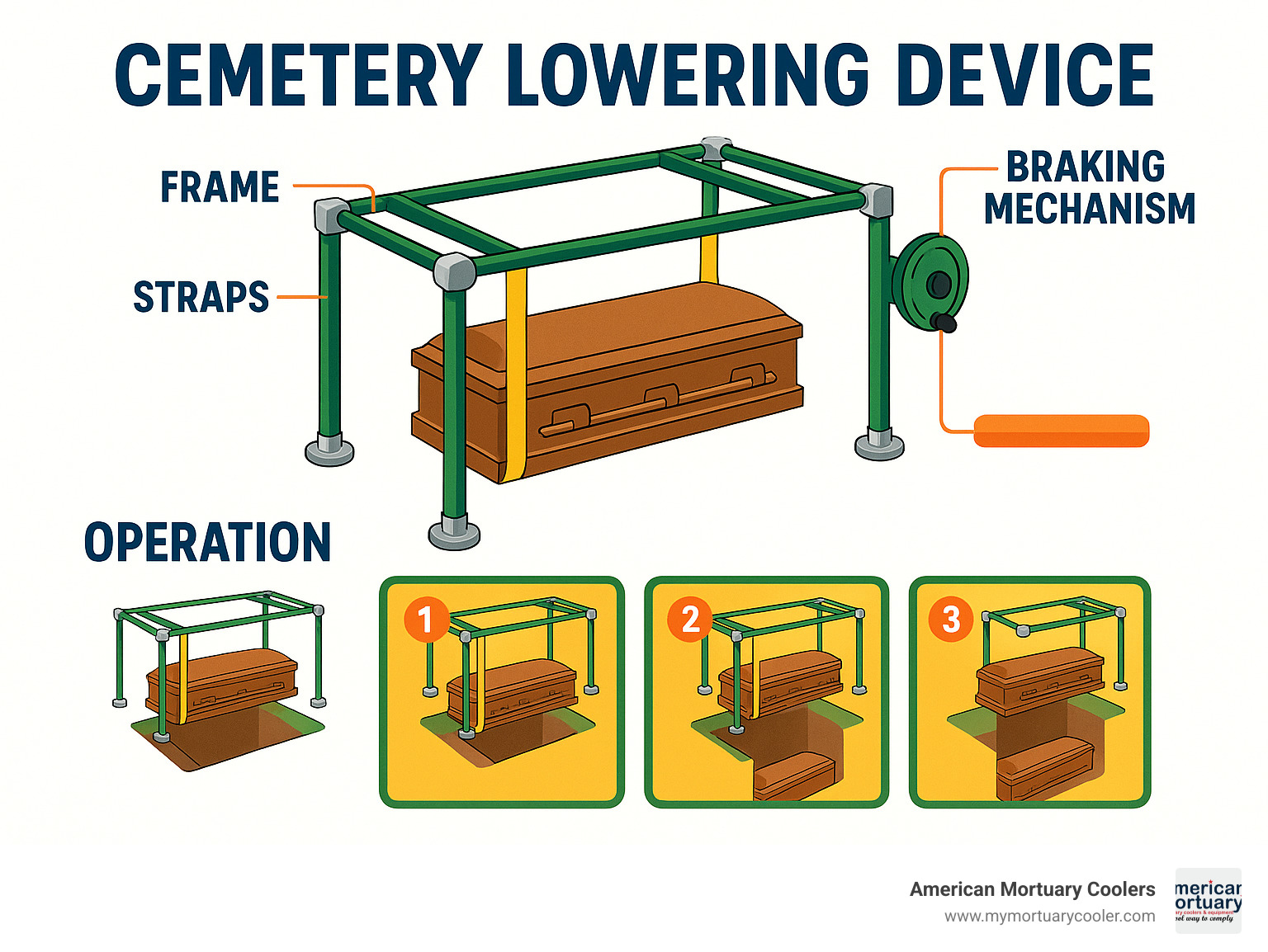 Detailed infographic showing cemetery lowering device components including frame, straps, braking mechanism, and operation process with step-by-step visual guide - cemetery lowering devices infographic 