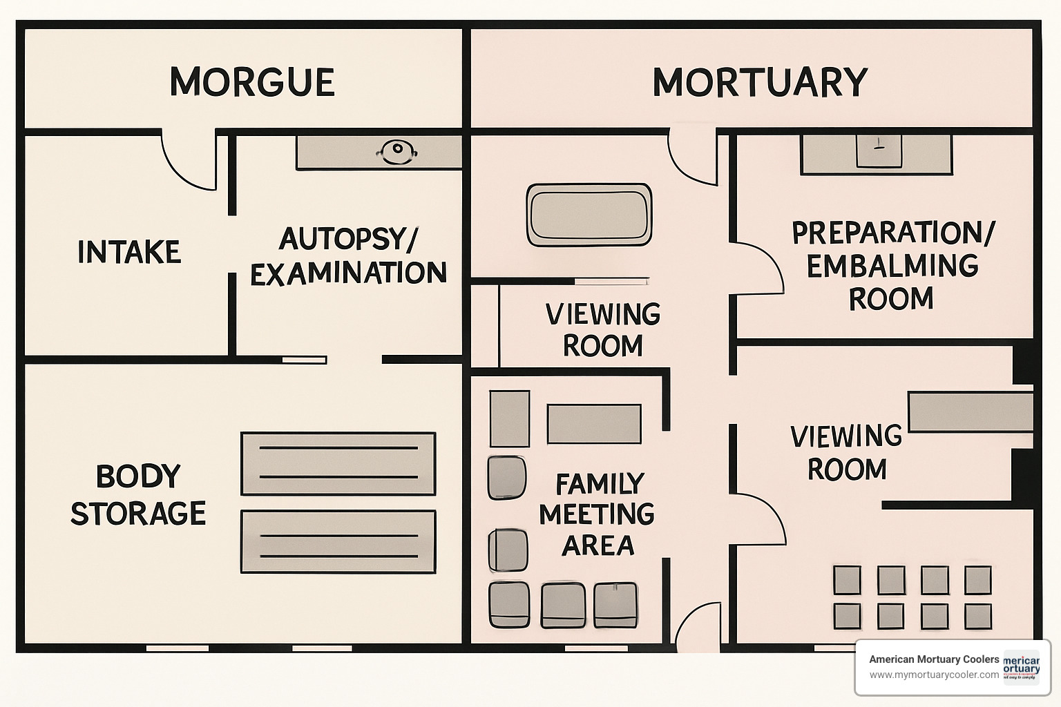 Labeled floor plan of a typical morgue and mortuary facility - mortuary or morgue