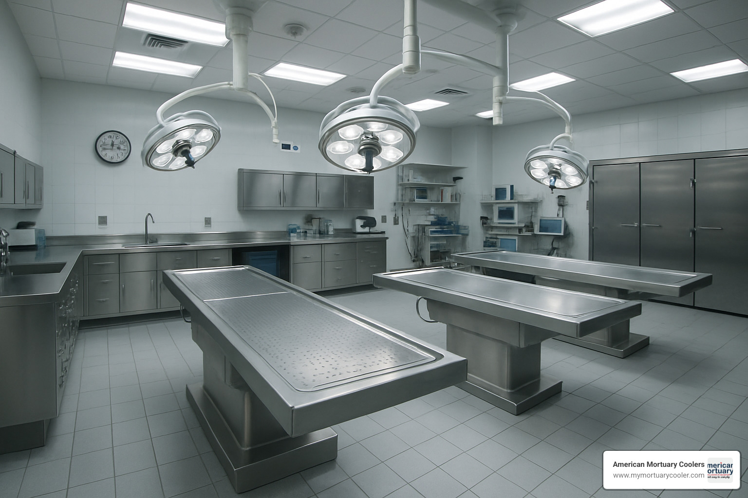 Interior of a modern autopsy suite with examination tables and equipment - mortuary or morgue